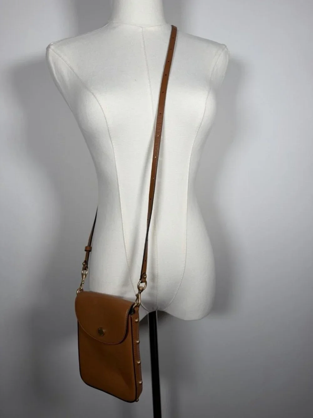 Rebecca Minkoff brown leather crossbody phone gold studded bag travel